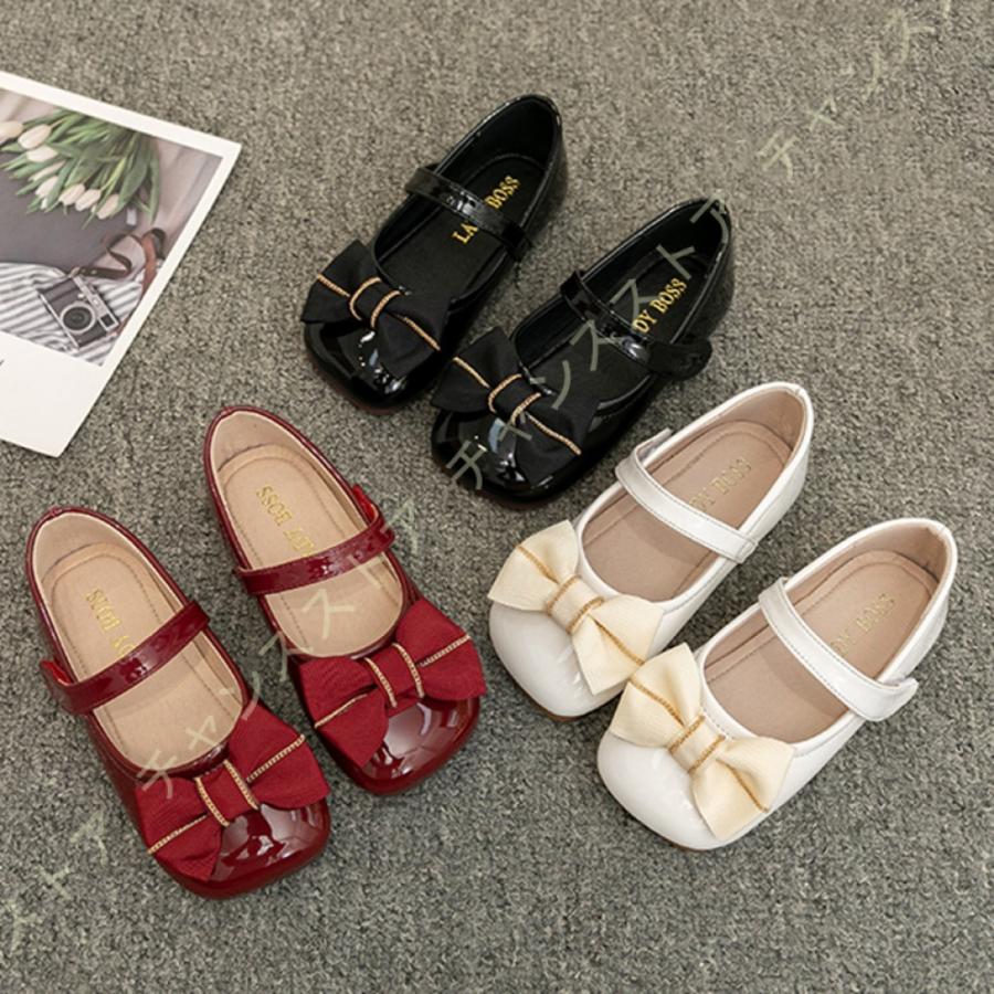 靴 パンプス フォーマル ドレスシューズ ガールズシューズ マジックテープ スクエアトゥ ぺたんこ 子供 エナメル フォーマル靴 チェーン飾り リボン 超繊維 ショッピング