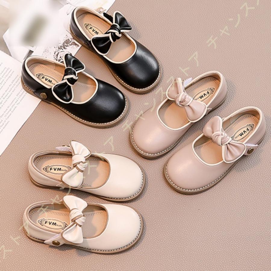 フォーマルシューズ 本革 レザー ドレスシューズ フォーマル靴 女の子用 キッズ ラウンドトゥ 子ども用 ぺたんこ ガールズ マジックテープ 履き心地 リボン 黒 定番の中古商品