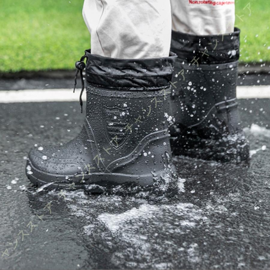 防水 レインシューズ メンズ 即納特典付き 長靴 ワークシューズ プルストラップブーツ アウトドア 無地 オシャレ 靴 スリッポん ラウンドトゥ ラバーブーツ ショートブーツ