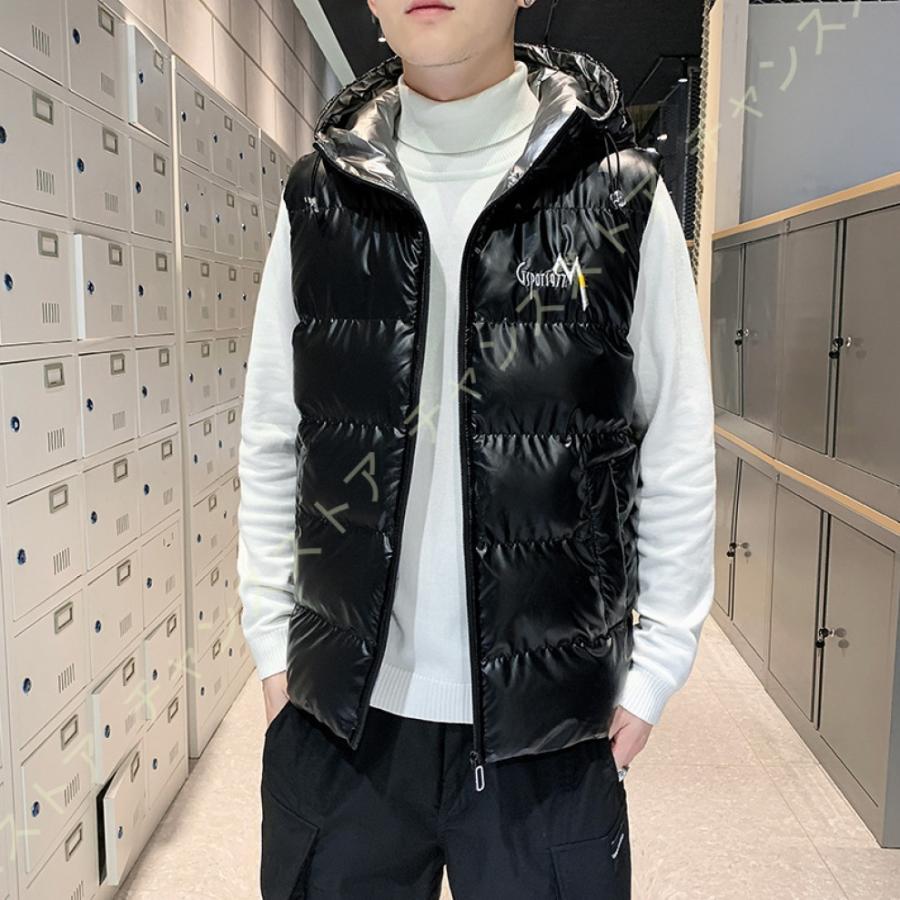 ダウンベスト メンズ おしゃれ ダウンコットン フード付き ベスト 中綿ベスト 光沢ジャケット 取り外し可能 大きいサイズ 登山 秋冬 立ち襟 綿入り 在庫一掃 中綿ベスト