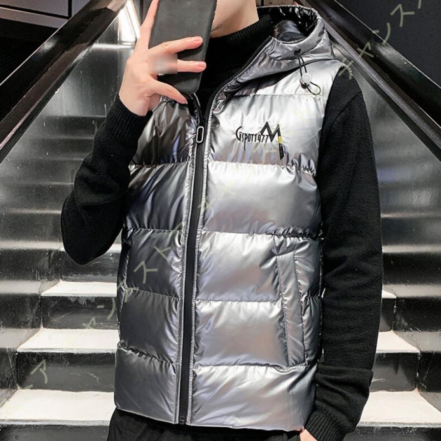 ダウンベスト メンズ おしゃれ ダウンコットン フード付き ベスト 中綿ベスト 光沢ジャケット 取り外し可能 大きいサイズ 登山 秋冬 立ち襟 綿入り 営業 中綿ベスト
