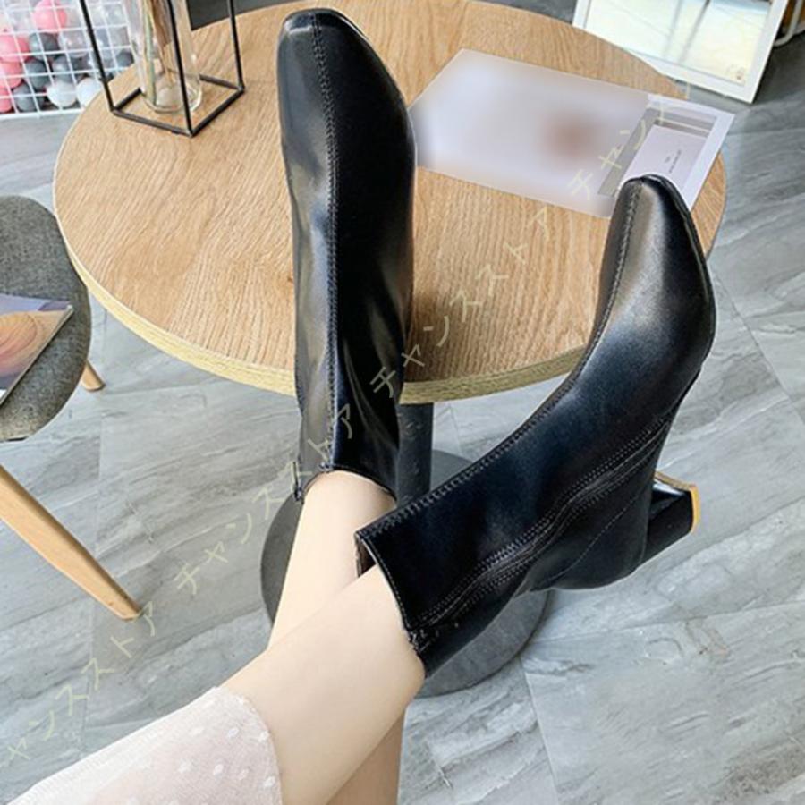 ショートブーツ レディース ヒール 6cm ハイヒール 痛くない ブーティ 幅広 歩きやすい スクエアトゥ チャンキーヒール 美脚 レディース靴 ブーティ 黒 新品同様
