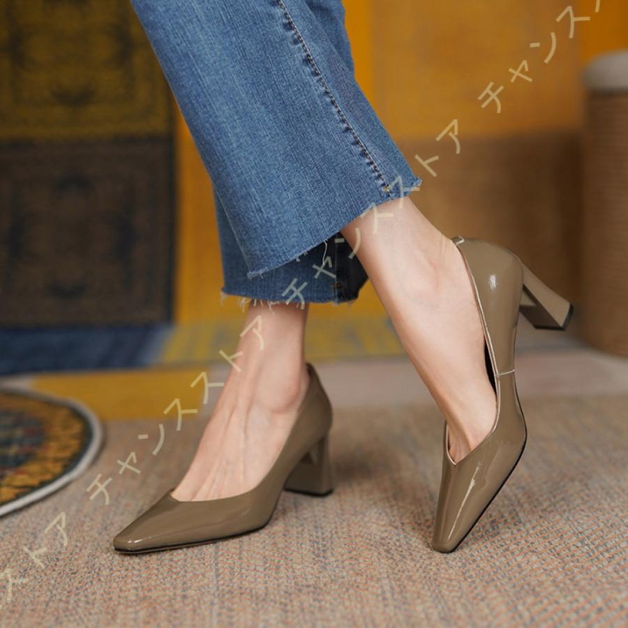 全品送料無料 パンプス レディース 太ヒール 6cmヒール ぺたんこ靴 エナメル調 歩きやすい 痛くない 疲れない カジュアル オシャレ 安定感 走れる 日常 仕事 美脚 Vカット お歳暮 Joilycoffee Vn