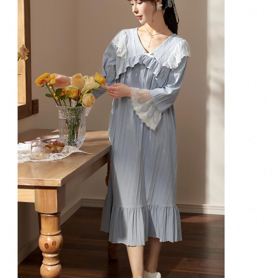 長袖 ネグリジェ コットン ルームワンピース フリル ロング丈ワンピース かわいい Vネック フレア袖 姫系 エレガント 夏 部屋着 ナイトウェア 直営ストア