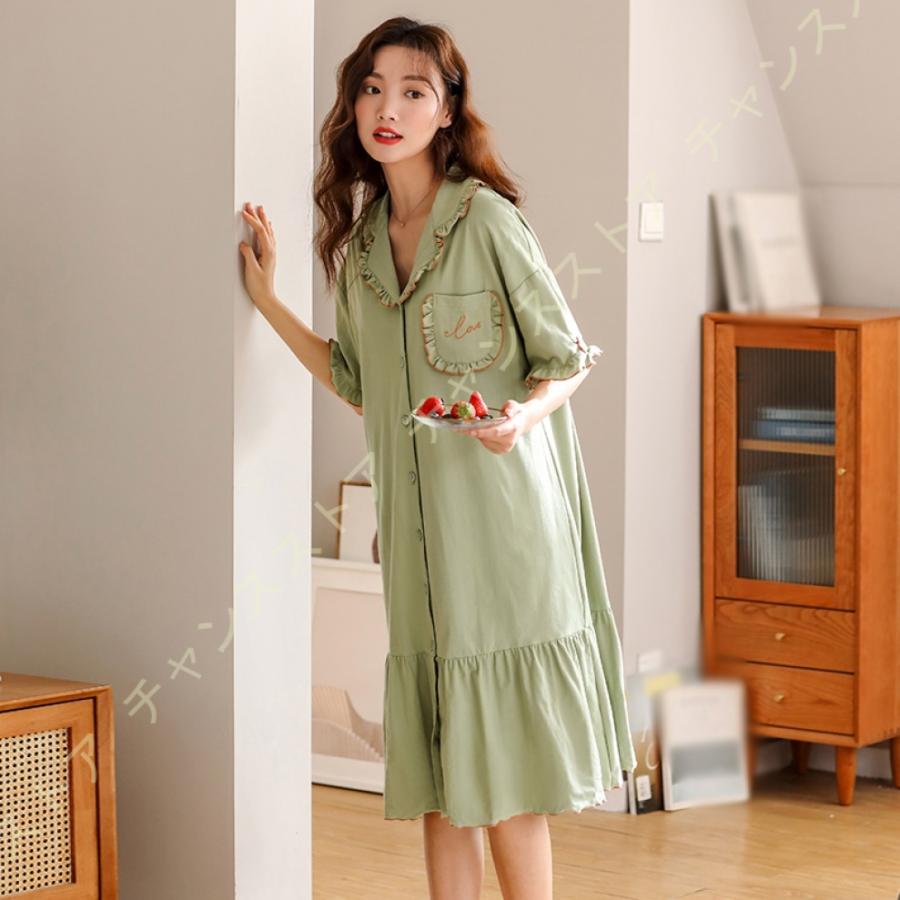 素晴らしい外見 前開き 綿 レディース ネグリジェ ポケット付き 寝間着 ナイトドレス 部屋着 ナイトウェア 大きいサイズ 五分袖 Vネック ワンピース ルームウェア フリル ネグリジェ サイズ 2xl