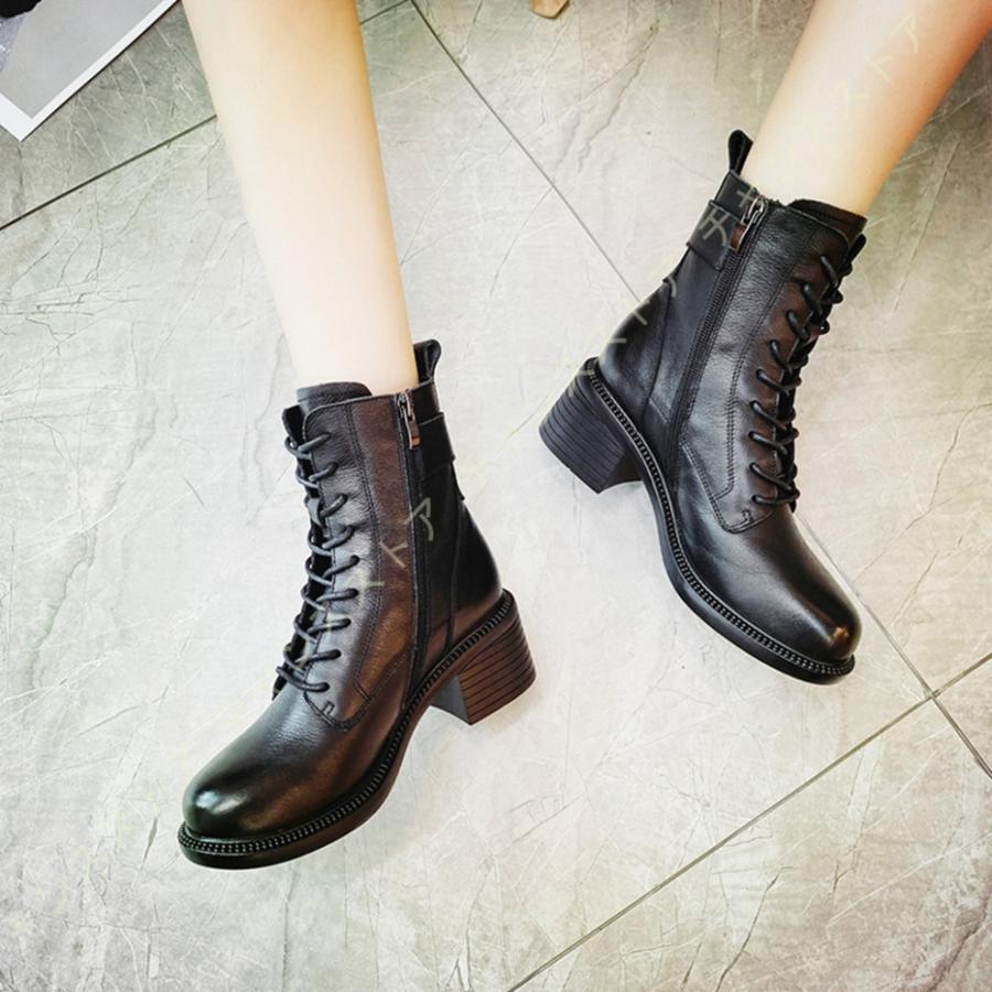 クリアランスバーゲン 期間限定開催 レースアップブーツ レディース 厚底 サイドジッパー 本革 スムース 編み上げブーツ パンク かわいい ベルト付き 黒 太めヒール 5 5cm マーチンタイプ 即納 Newmatic Ae