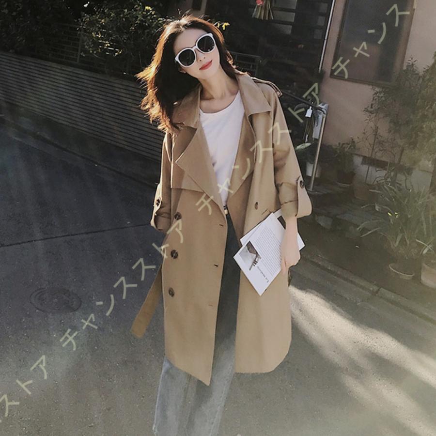 ロング丈 スプリングコート レディース ロングコート ダブルブレスト ポリエステル トレンチコート 通勤 ジャケット 春コート ゆったり 防風 ポケット付き