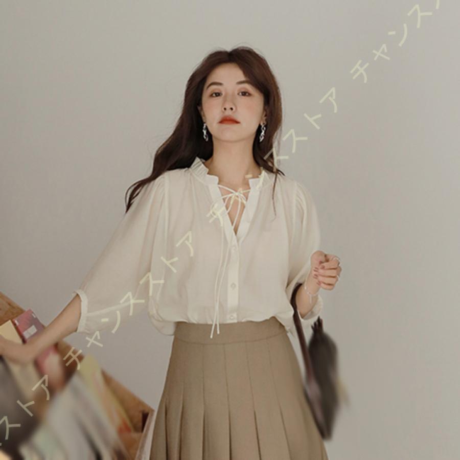 シャツ ブラウス レディース ボリューム袖 フリル ゆったり 着痩せ 可愛い Vネック シンプル おしゃれ エレガント 7分袖 パフスリーブ ロマンチック 通勤