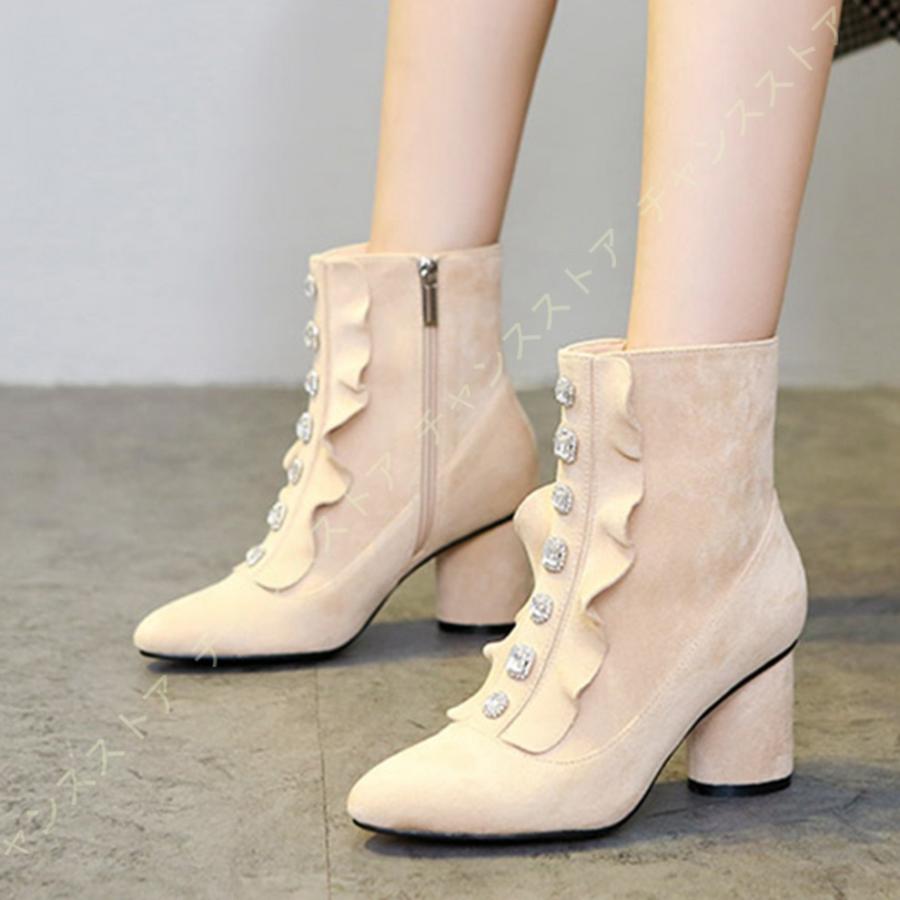 オンラインストアで販売 ショートブーツ アンクルブーツ ブーツ ブーティー ブーティ レディース ヒール 7cm 丸い チャンキーヒール ショートブーツ スエード フリル ポインテッドトゥ 可愛い通販サイト Www Superavila Com