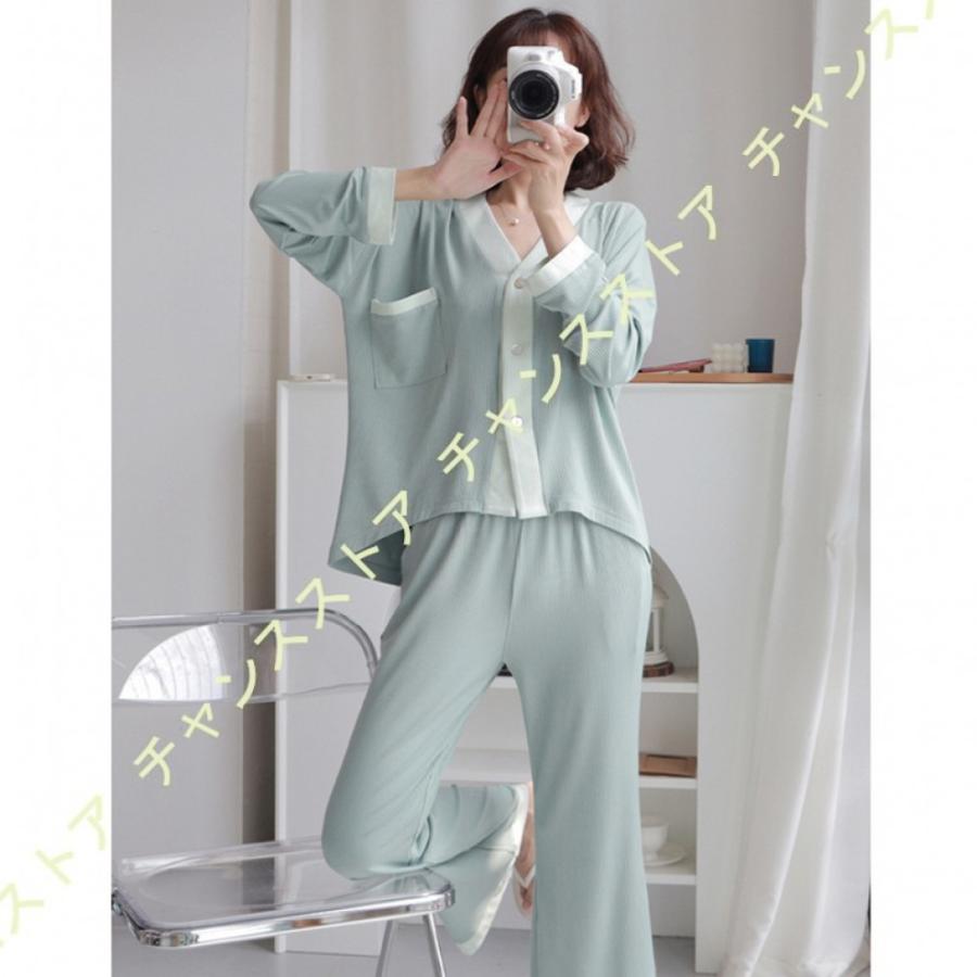 定番の中古商品 ルームウェア 長ズボン 長袖 薄手 軽い 無地 Vネック 前開き グリーン モダール パジャマレディース 室内着 秋 快眠 春 上下セット 部屋着 ホームウェア 無印 パジャマ サイズ L Binghamtonhots Com