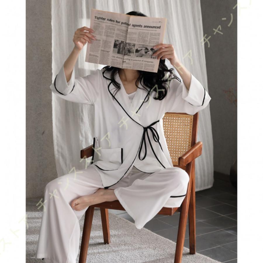 国内最安値 無地 Vネック ホワイト シルク レディース パジャマ 前開き 春夏 ゆったり 部屋着 ホームウェア 上下セット 室内着 ルームウェア 長ズボン 薄手 ポケット 長袖 パジャマ カラー ホワイト Pathwaysfl Org