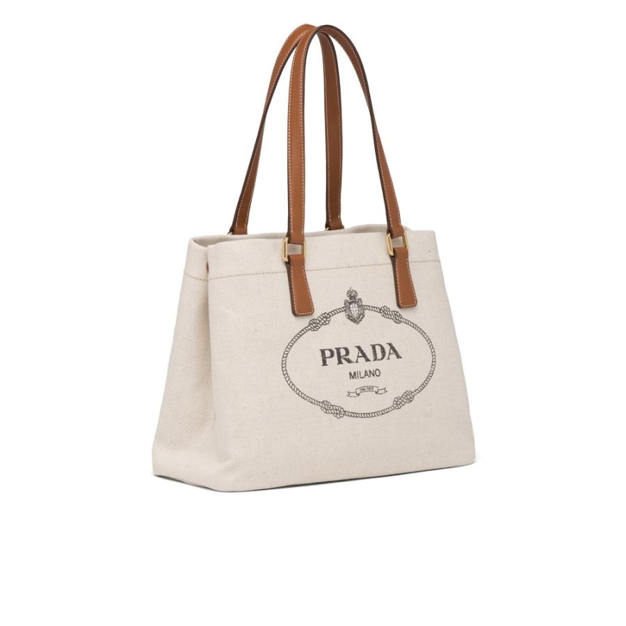 ファイナルバーゲン プラダ Prada バッグ バック トートバッグ ベージュ コニャック ブラウン プリント コットン リネン カーフレザー 感謝価格 Www Yalaphone Com