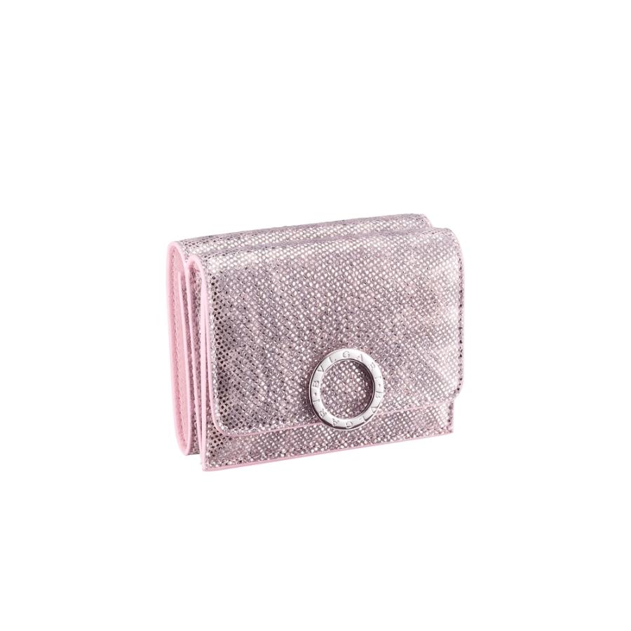 限定モデルや  未使用 レザー ピンク レッド 三つ折り財布 ロゴ ブルガリ BVLGARI 折り財布