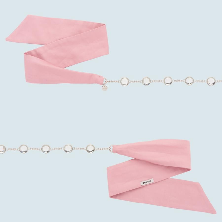 スーパーセール ミュウミュウ MIU MIU ベルト リボン ファブリック クリスタル シルバー ピンク メタルチェーン 財布、帽子、ファッション小物 