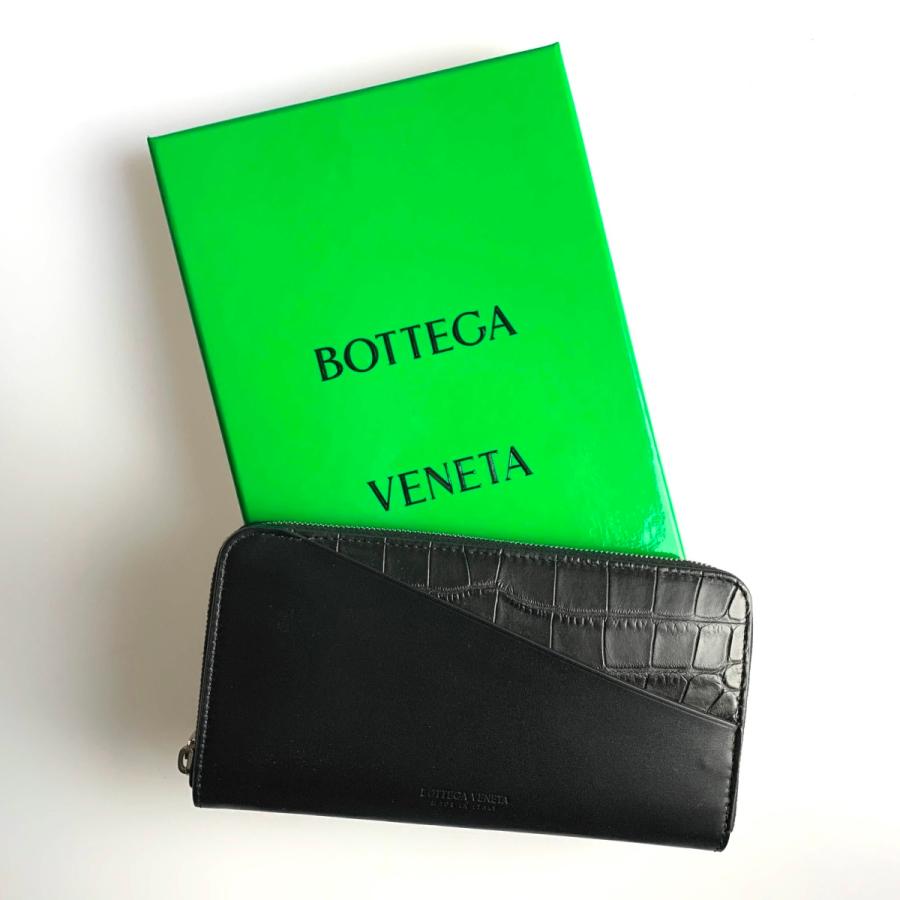 ボッテガヴェネタ BOTTEGA VENETA 財布 長財布 ラウンドファスナー ネロ ブラック シルバー カーフレザー クロコダイルレザー