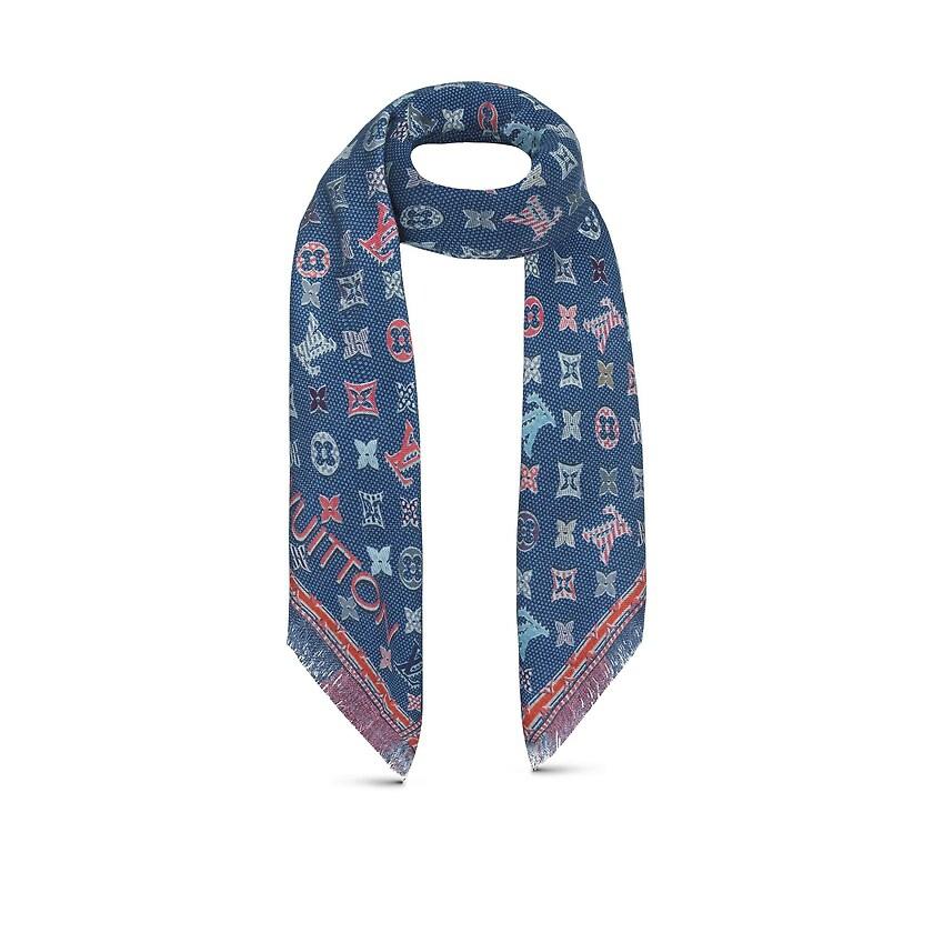 セール特価 ルイヴィトン ストール Vuitton Louis ヴィトン ルイ ブランド専門店 Louis リバーシブル ウール フリンジ ドット モノグラム ブルー ショール ストール Vuitton 財布 帽子 ファッション小物