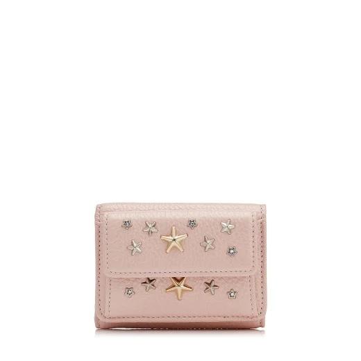 ジミーチュウ JIMMY CHOO 財布 小財布 三つ折り ３つ折り カメリア ピンク シルバー スター 星 スタッズ クリスタル パール加工 レザー