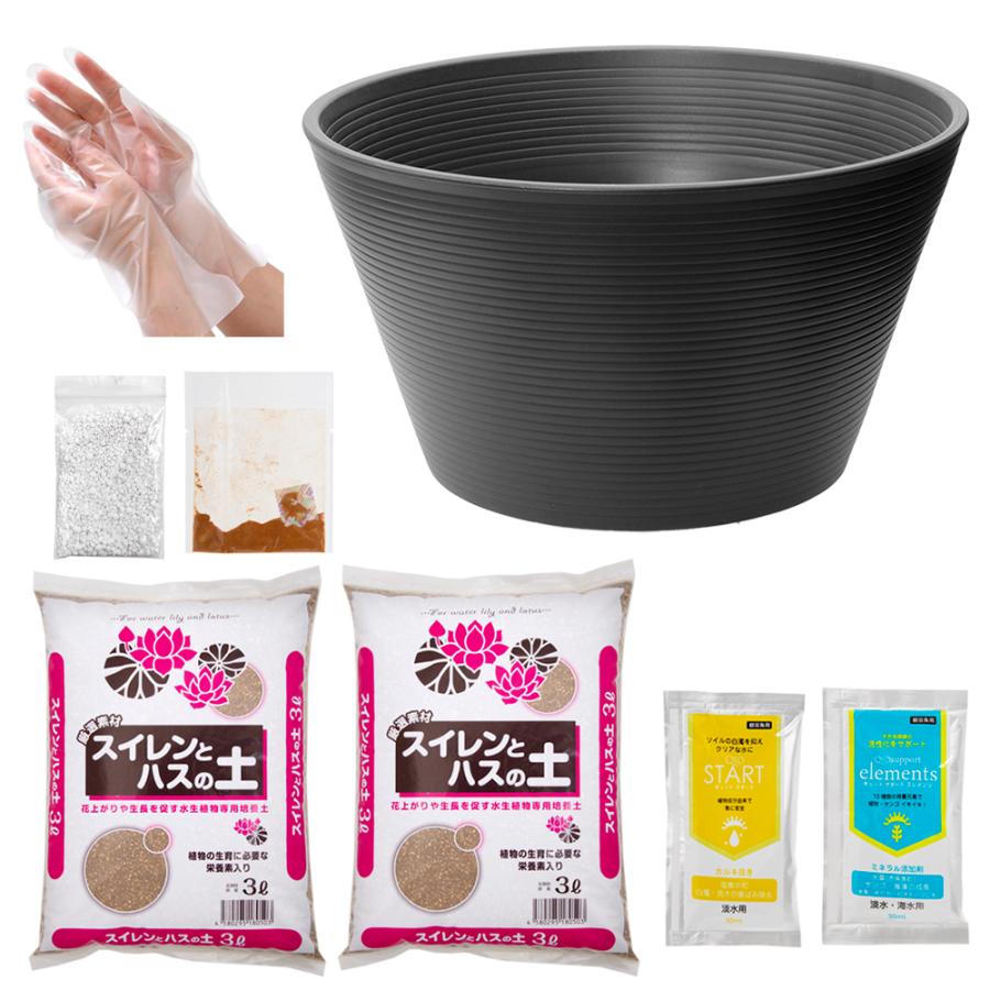 １４号　プロが考えた睡蓮鉢（メダカ鉢）　グレー＋スイレンとハスの土　６Ｌ（３Ｌ×２）＋固形栄養素＋カルキ抜き｜chanet