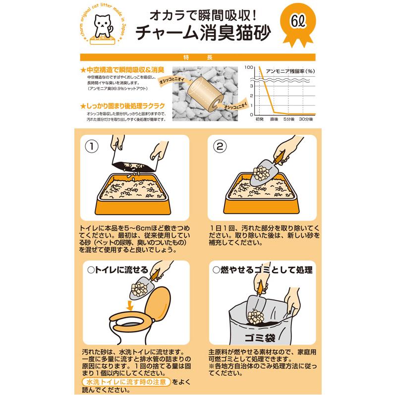 アウトレット品　国産猫砂　おからで瞬間吸収　チャーム消臭猫砂　６Ｌ　おからの猫砂　固まる　流せる　燃やせる　訳あり｜chanet｜03