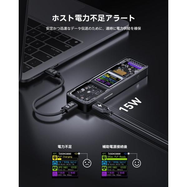 DOCKCASE M.2 NVMe SSDケース USB 3.2 Gen 2 Type-C (10 Gbps) IPS液晶ディスプレイと10秒 電源保護(PLP) 2230/2242/2260_3