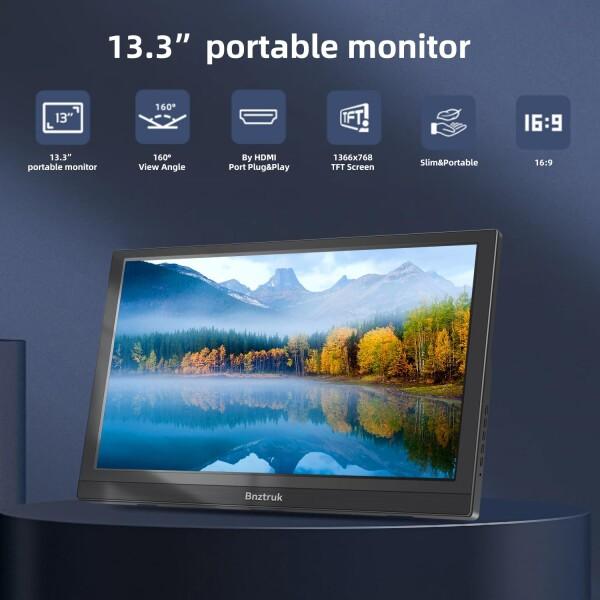 13.3 インチ モバイルモニター Bnztruk 薄型 軽量 HD 1366x768 PC 16:9