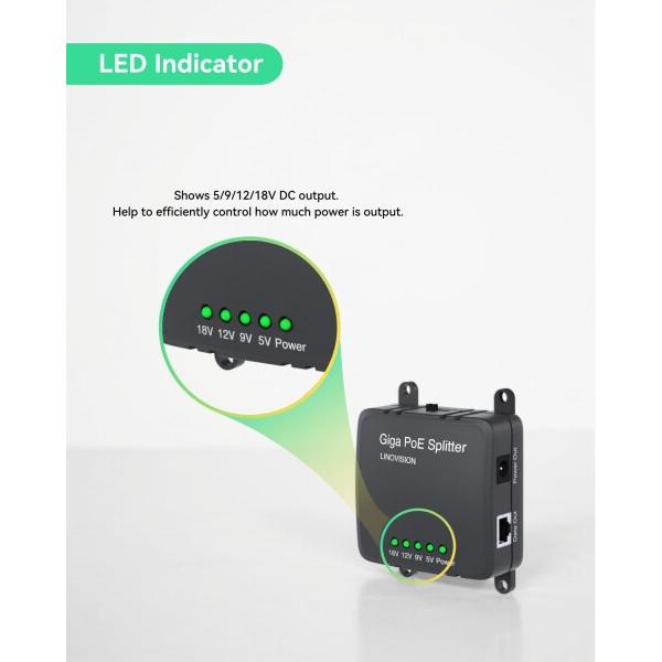 LINOVISION Splitter PoE Gigabit 30W – Uscita DC 5/9/12/18V, Compatibile IEEE802.3af/at, Per Telecamere IP E Access Control