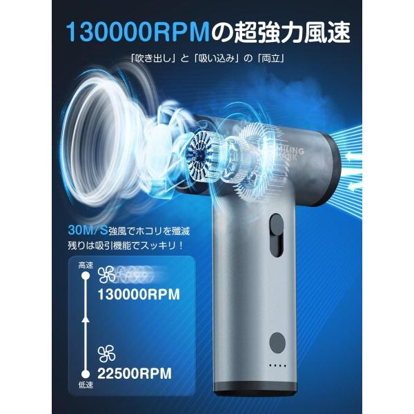 Smiling Shark 電動エアダスター， 超強力噴射 無段階風量調整 吸引機能付き 130000rpm風速 4種類ノズル_3