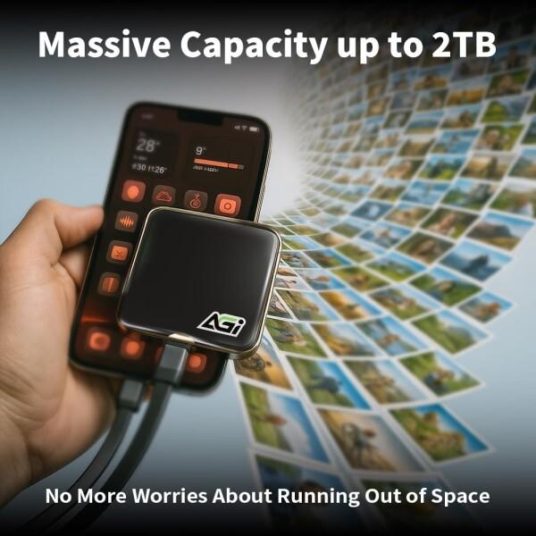 AGI 外付けSSD 2TB 黒 磁気 読み取り最大 2050 MB/秒 USB 3.2 Gen2x2 Type-C iPhone 15 Pro Max ProRes動画 直接保存の画像