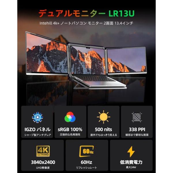 Intehill モバイルモニター 2画面 4K トリプルモニター 13.4インチ 非