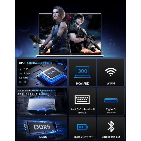 WVX 16インチFHDノートパソコンAMD Ryzen 9 6900HX (8C16T、最大4.9GHz)，メモリ16GBDDR5 SSD 512GB Radeon 680M高速の画像