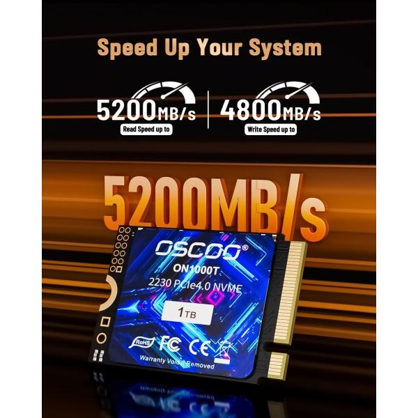 OSCOO 1TB M.2 2230 NVMe SSD， PCIe Gen4x4 内蔵SSD， 最大5200MB/s， 3D NAND， 放熱シール付き， Steam Deck， ASUS ROG Ally， Mic_2