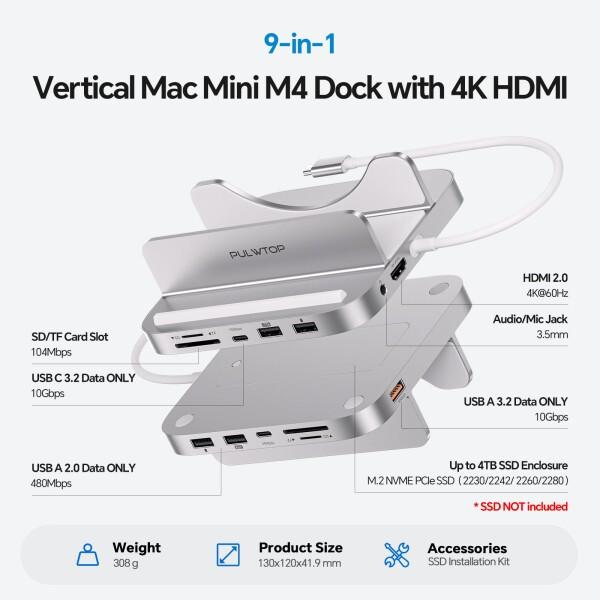 PULWTOP 9 in 1 USB C ハブ Mac Mini M4/ M4 Pro 2024用 ドッキング