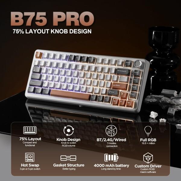 YUNZII B75 PRO 75% ガスケットゲーミングキーボード 無線メカニカル