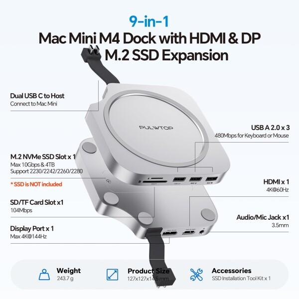 PULWTOP USB C ハブ ドッキングステーション Mac Mini M4/M4 Pro 2024
