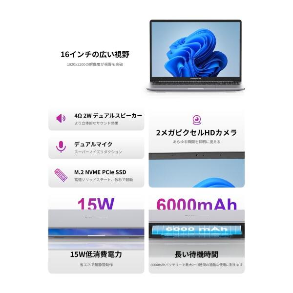 ノートパソコン 16GBメモリ+512GB SSD 16インチ 1920×1200 IPS液晶