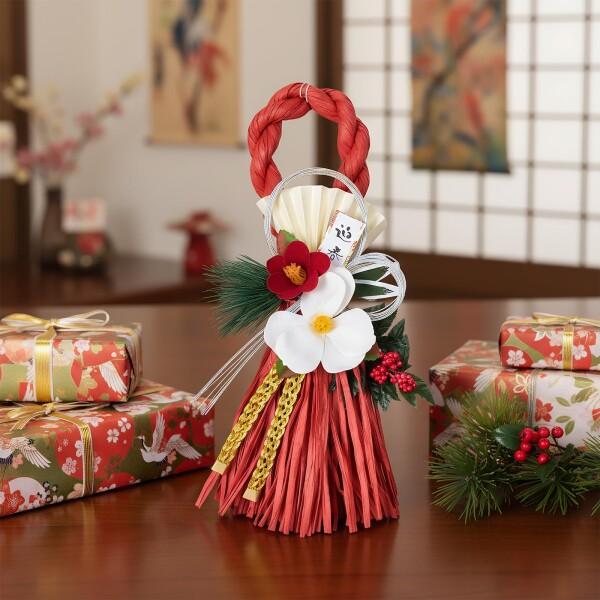 しめ縄飾り おしゃれ 正月飾り 玄関 迎春 お正月リース 水引 松 椿