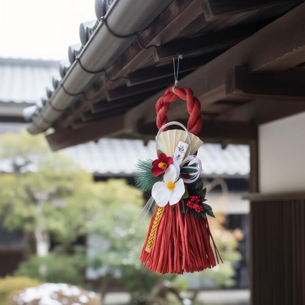 しめ縄飾り おしゃれ 正月飾り 玄関 迎春 お正月リース 水引 松 椿