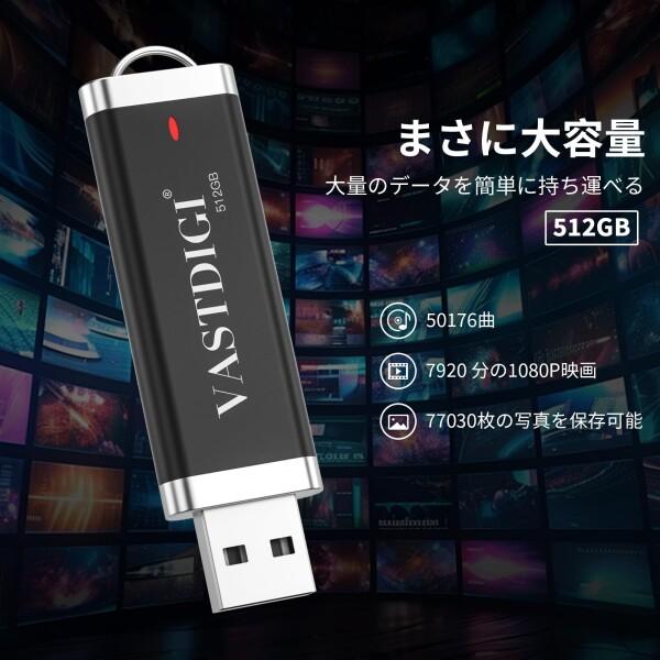 VASTDIGI USBメモリ 512GB USB 2.0 ハイスピード キャップ/ストラップ