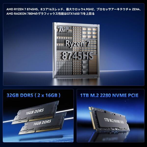 SOAYAN ミニPC, AMD Ryzen 7 8745HS ミニパソコン(8C/16T, 最大4.9GHz