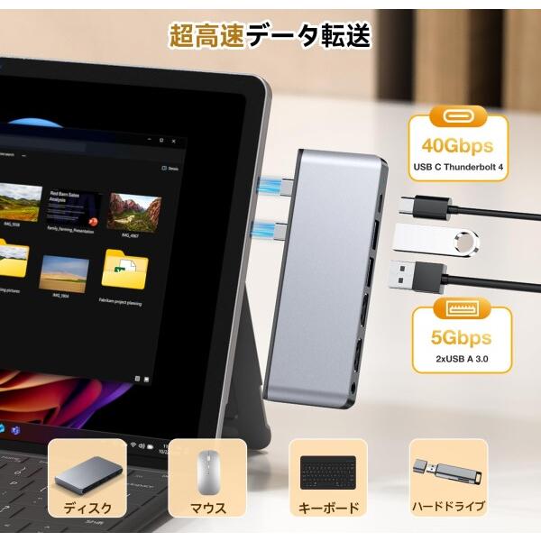 Surface Pro 12 ハブ 、4 画面対応 (2* HDMI+USB-C Thunderbolt 4)+