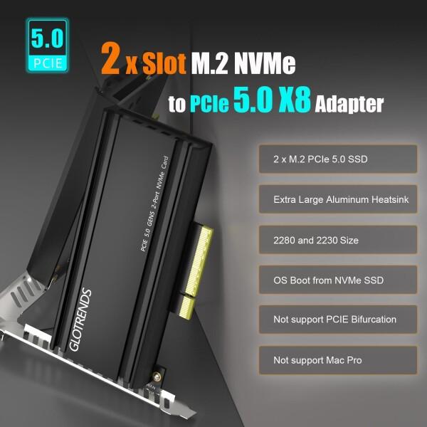 GLOTRENDS PA52L 2枚のM.2 PCIe 変換アダプタ， PCIe 5.0 x8 インターフェース， PCIe 分岐機能に非対応， M.2 NVMe_1