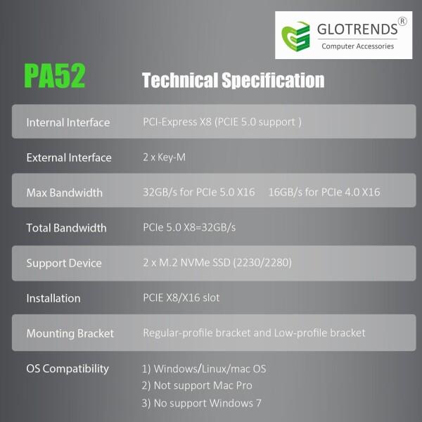GLOTRENDS PA52L 2枚のM.2 PCIe 変換アダプタ， PCIe 5.0 x8 インターフェース， PCIe 分岐機能に非対応， M.2 NVMe_6