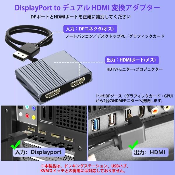 DisplayPort to デュアル HDMI 分配器 拡張モード対応DisplayPort 変換