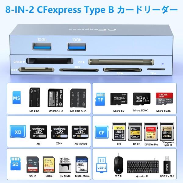 8-in-1 CFexpress Type B カードリーダー USB-C/USB-A 10Gbps超高速
