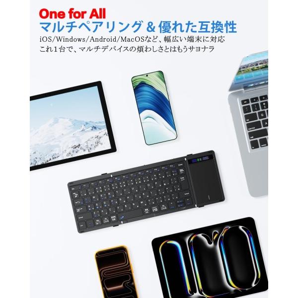 【新品未使用】① キーボード ワイヤレス 折りたたみ bluetooth 無線と有線両対応 表示スクリーン&ヒンジロック搭載 ipad mac タブレット パソコン surface スマホ用 日本語配列 マルチペアリング 4台端末切替可 タッチパッド付き iOS/Windows/Android/Mac対応 コンパクト 薄型 軽量 フルサイズ パンタグラフ 静音 充電式 ブラック Ewin キーボード ワイヤレス 折りたたみ bluetooth 無線と有線両対応