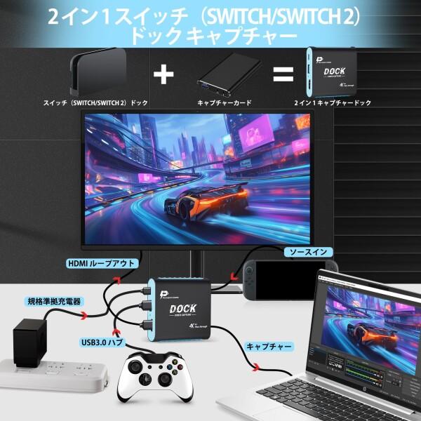 キャプチャーボード Switch 2/Switch/Steam Deck 対応 2-in-1 ドック