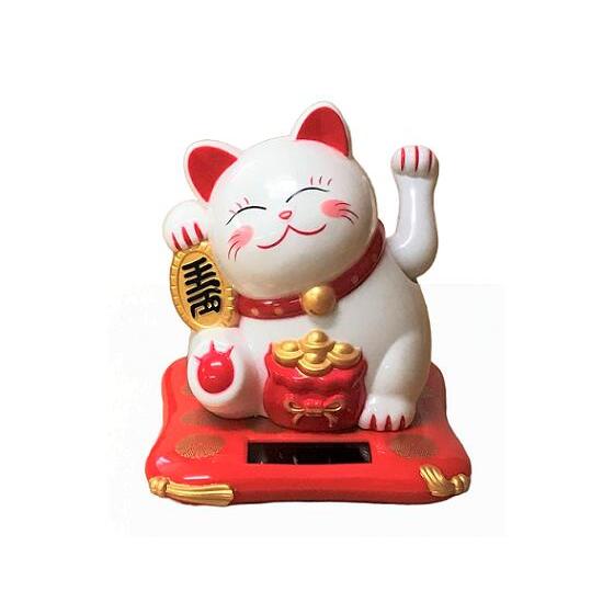 ソーラーバッテリー 動く 手振り 招き猫【白色】 ソーラー 猫