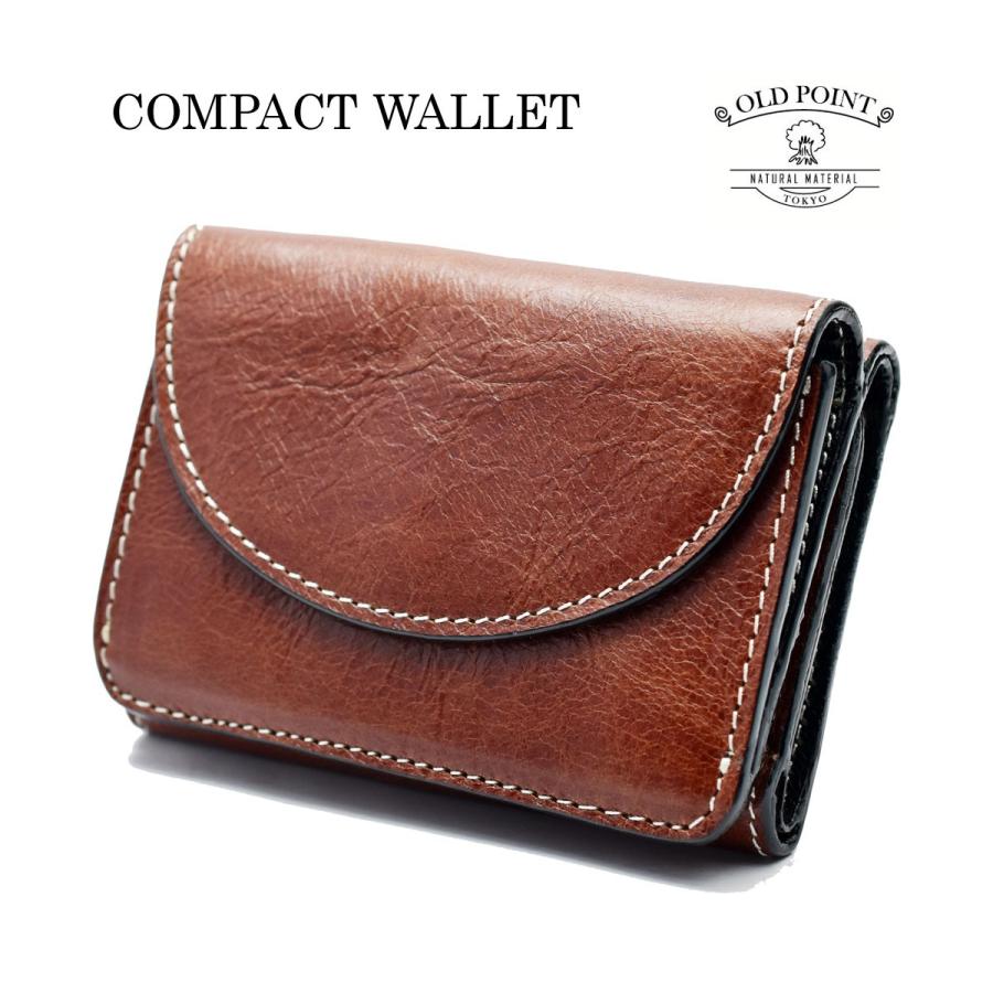 財布 ミニ財布 コンパクト 三つ折り財布 小さい財布 オールドポイント オイルレザー ブラウン 可愛い スマイル型