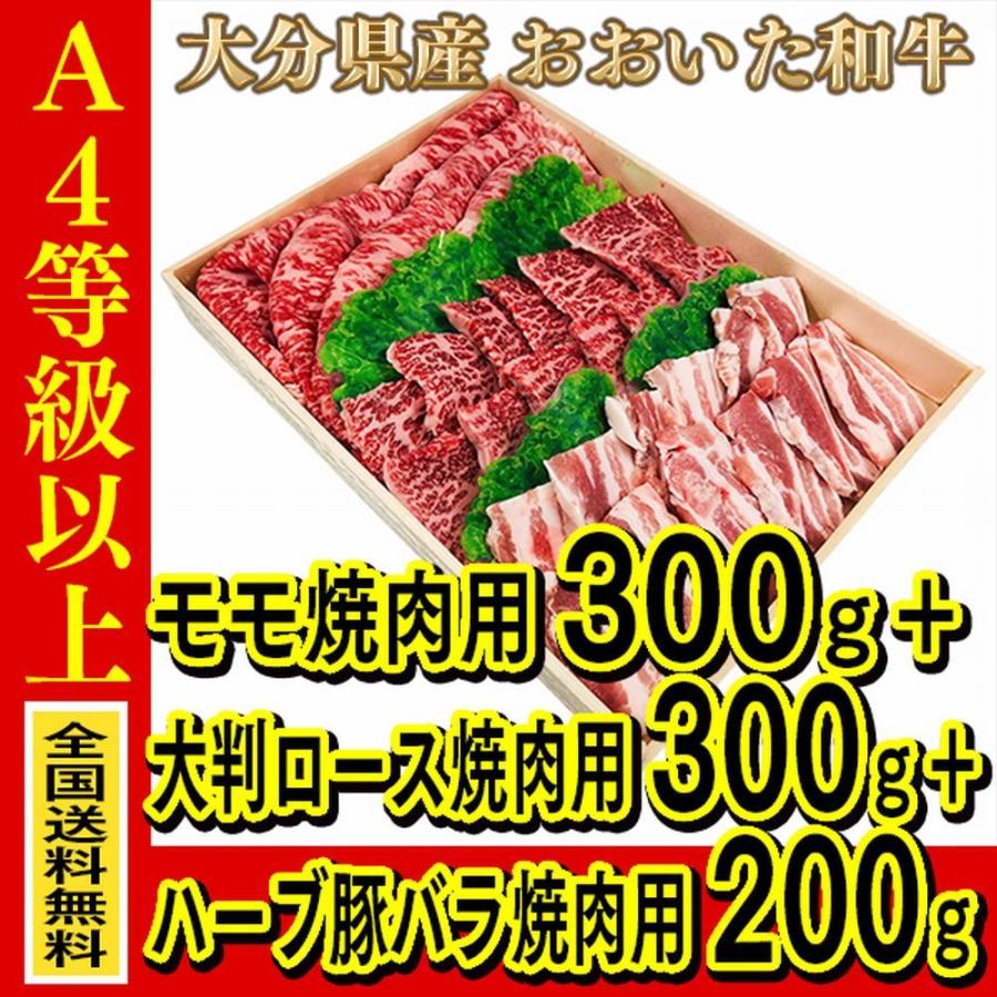 お肉 大分県産 おおいた和牛 モモ焼肉用 300g + 大判ロース焼肉用 300g + 国産ハーブ 豚バラ 焼肉用 200g (全国どこでも送料無料) ((産地直送の為代引き不可)) | 