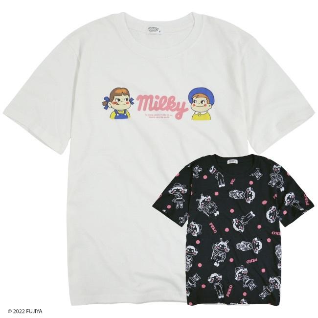 不二家 ペコちゃん ミルキー Tシャツ パッケージ デザイン レディース プリント M L LL｜chara-basket